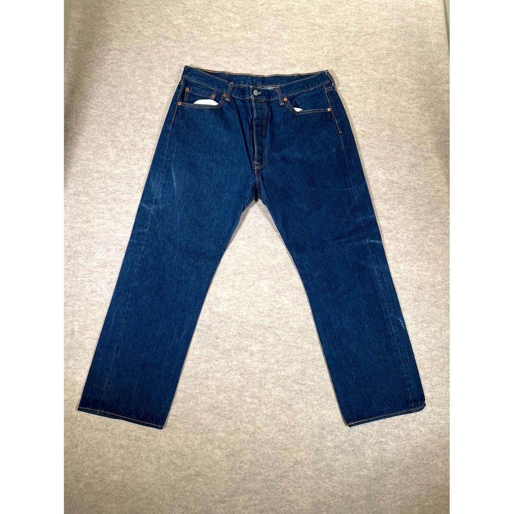 Levis 501 Original Fit Jeans Mens 40x32 Blue Whisker Denim Logo Cotton Dark Wash